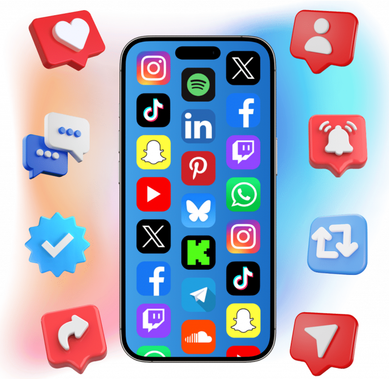 Smartphone mit Logos verschiedener Social Media Plattformen